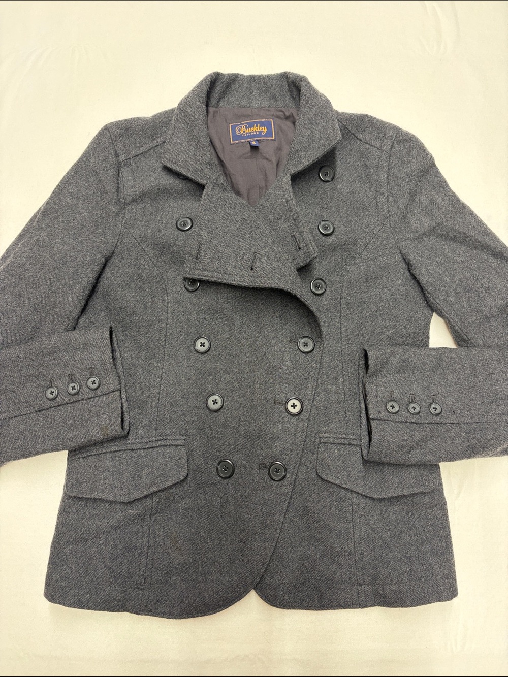 Buckley Tailors Women's Gray Double-Breasted Wool Blazer size 4 100% Wool